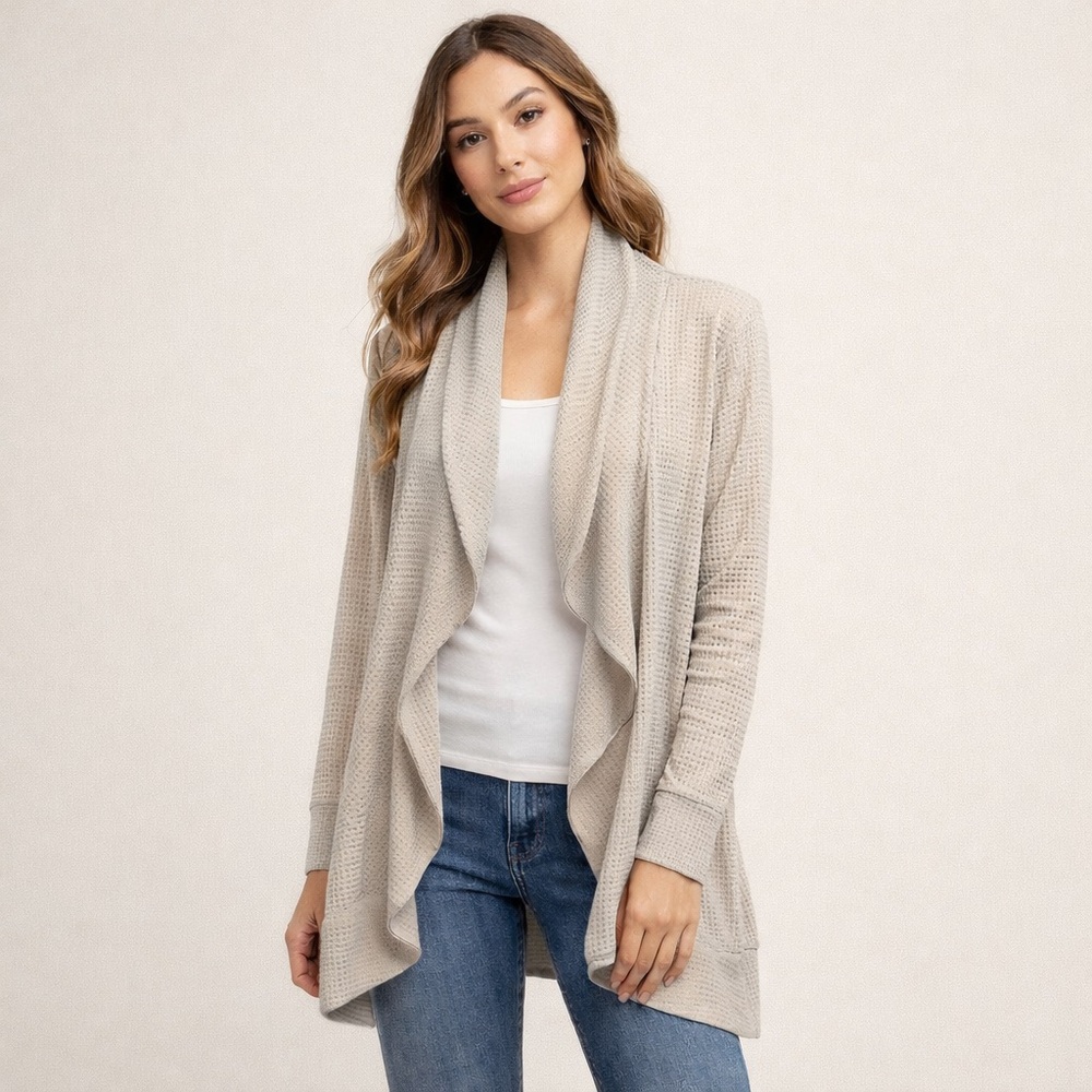 Talbots Waffle Knit Cocoon Sweater Gray Open Front Cardigan Size Large